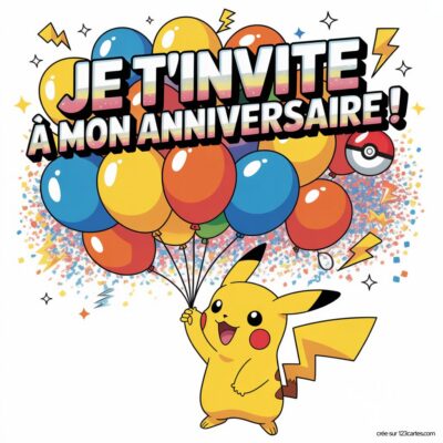Pikachu tient des ballons colorés et invite à un anniversaire, avec des éléments Pokémon en arrière-plan. Fête virtuelle gratuite !