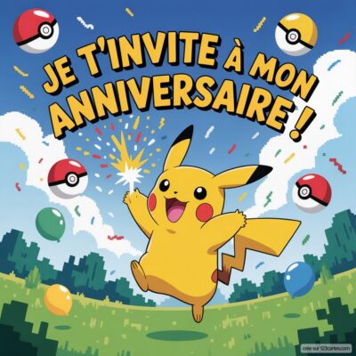 Invitation d'anniversaire virtuelle pour enfants sur le thème Pokémon, avec Pikachu joyeux et des Poké Balls colorées en arrière-plan.
