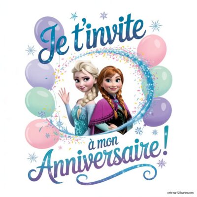 Invitation anniversaire virtuelle gratuite sur le thème Reine des neiges, avec Elsa et Anna entourées de ballons colorés.