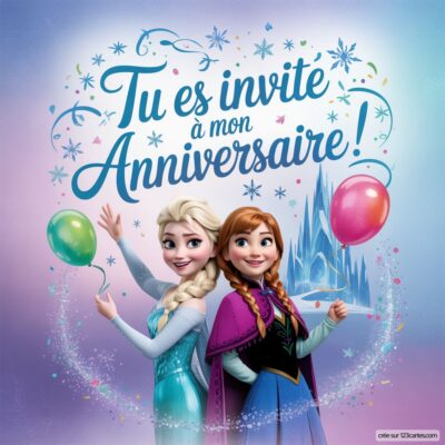 Invitation anniversaire virtuelle sur le thème Reine des neiges avec Elsa et Anna, décorée de ballons et d'un château de glace.