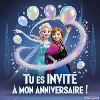 Invitation d'anniversaire virtuelle pour enfants sur le thème Reine des neiges, avec Elsa et Anna entourées de ballons colorés.