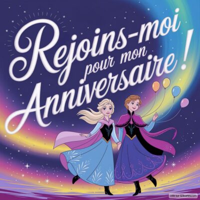 Invitation d'anniversaire virtuelle sur le thème Reine des neiges, avec Elsa et Anna sur fond étoilé, tenant des ballons colorés.