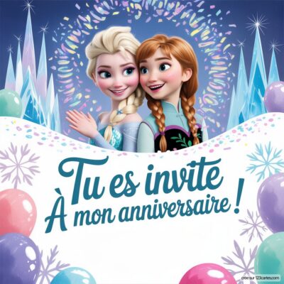 Invitation d'anniversaire virtuelle avec Elsa et Anna, entourées de confettis et de ballons colorés, texte « Tu es invité à mon anniversaire ! ».