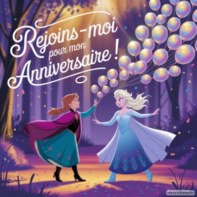 Invitation anniversaire virtuelle sur le thème Reine des neiges, avec Elsa et Anna tenant des ballons dans une forêt enchantée.