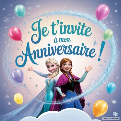 Invitation d'anniversaire virtuelle avec Elsa et Anna sur fond bleu, décorée de ballons colorés et de flocons de neige.