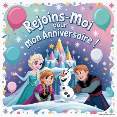 Invitation d'anniversaire virtuelle sur le thème Reine des neiges, avec Elsa, Anna, Olaf et des ballons colorés en fond.