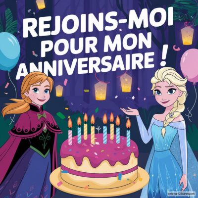 Invitation anniversaire virtuelle pour enfants avec Anna et Elsa, décorée de ballons et d'un gâteau d'anniversaire festif.