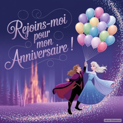 Invitation anniversaire virtuelle pour enfants sur le thème Reine des neiges, avec Elsa et Anna tenant des ballons colorés.