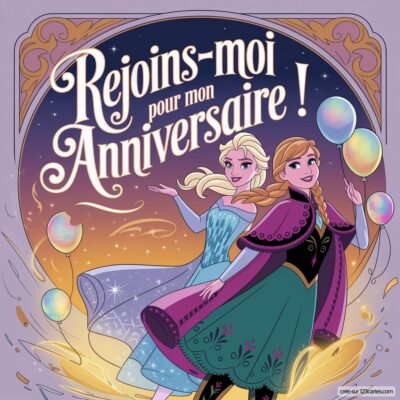 Invitation anniversaire virtuelle pour enfants avec les princesses Elsa et Anna sur fond étoilé. Texte festif en haut.