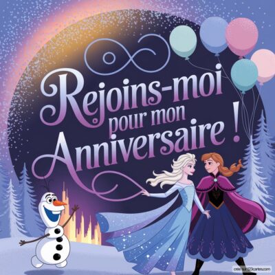 Invitation anniversaire virtuelle sur le thème Reine des neiges, avec Elsa, Anna et Olaf, entourés de ballons.