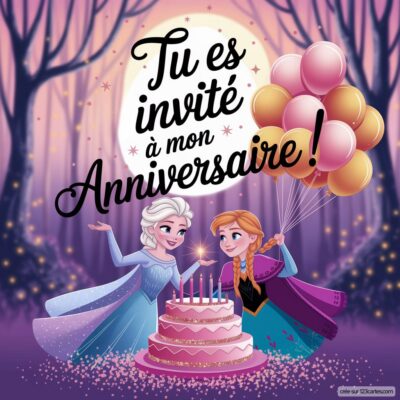 Invitation d'anniversaire sur le thème Reine des neiges, avec Elsa et Anna entourées de ballons et d'un gâteau.