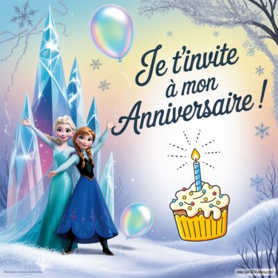 Invitation anniversaire sur le thème Reine des neiges, avec Elsa et Anna, décorée de gâteaux et de ballons dans un paysage hivernal.