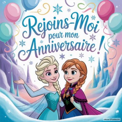 Invitation d'anniversaire virtuelle sur le thème Reine des neiges, avec Elsa et Anna, décorée de flocons et de ballons colorés.