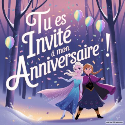 Invitation d'anniversaire virtuelle sur le thème Reine des neiges, avec Elsa et Anna dans une forêt enneigée, ballons colorés et confetti.