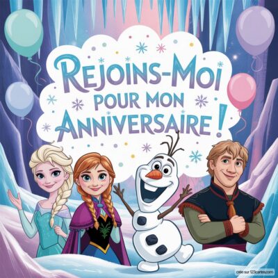 Invitation virtuelle d'anniversaire sur le thème Reine des neiges avec Elsa, Anna, Olaf et Kristoff entourés de ballons.