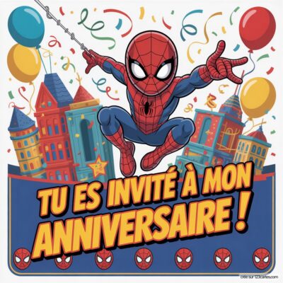 Invitation d'anniversaire virtuelle sur le thème Spider-Man, avec le héros en action et des ballons colorés en arrière-plan.
