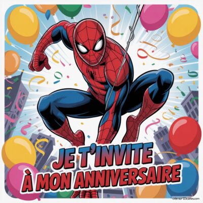 Image colorée d'invitation d'anniversaire avec Spider-man en action et des ballons. Texte: Je t'invite à mon anniversaire.