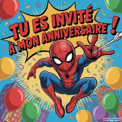 Invitation d'anniversaire virtuelle sur le thème de Spider-man, avec des ballons colorés et le texte Tu es invité à mon anniversaire !