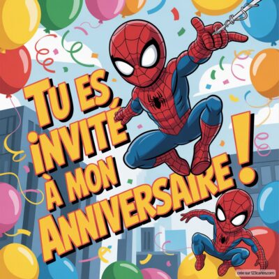 Invitation d'anniversaire virtuelle sur le thème Spider-Man, avec deux personnages en action et des ballons colorés en fond.