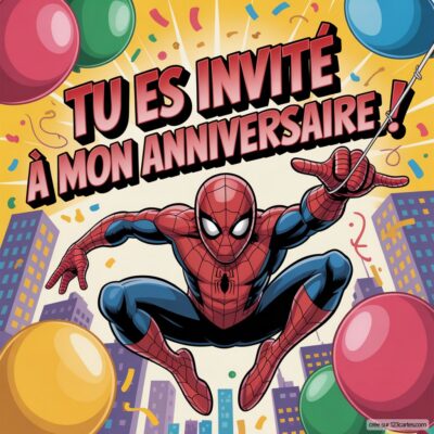 Invitation d'anniversaire virtuelle avec Spider-Man en action, entouré de ballons colorés et d'un fond festif.