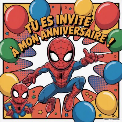 Invitation d'anniversaire virtuelle avec Spider-Man en grand et en petit, entourés de ballons colorés et du texte festif.