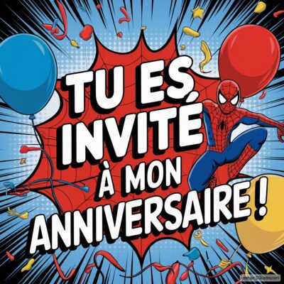 Invitation d'anniversaire virtuelle avec Spider-man sur fond coloré, ballons et confettis en fête.