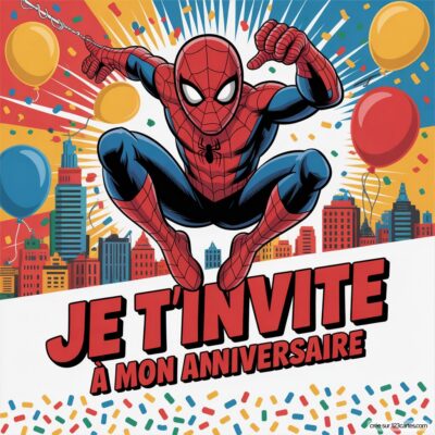 Invitation d'anniversaire virtuelle avec Spider-Man, fond coloré, ballons et texte : Je t'invite à mon anniversaire.