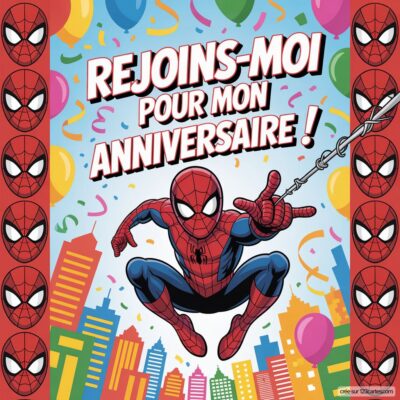 Invitation d'anniversaire virtuelle Spider-Man avec des ballons colorés, en arrière-plan de gratte-ciels, et le texte Rejoins-moi pour mon anniversaire !