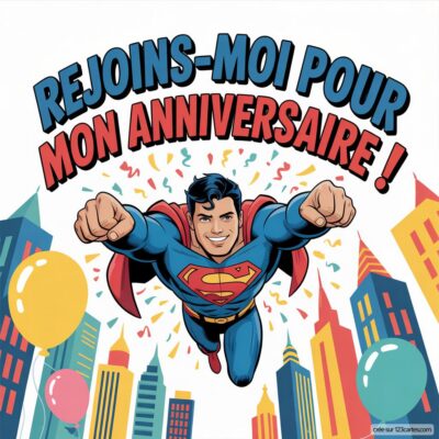 Invitation anniversaire virtuelle pour enfants avec Superman, colorée, montrant le héros volant au-dessus d'une ville.