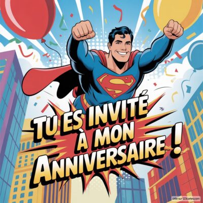 Invitation d'anniversaire virtuelle pour enfants avec Superman en plein vol, entouré de ballons et de confettis.