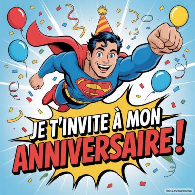 Héros Superman en costume, volant avec un chapeau de fête, invite à un anniversaire coloré entouré de ballons et de confettis.