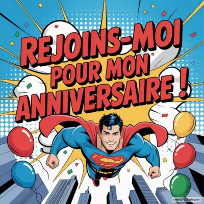 Invitation d'anniversaire pour enfants sur le thème Superman, avec le super-héros en plein vol, entouré de ballons colorés.