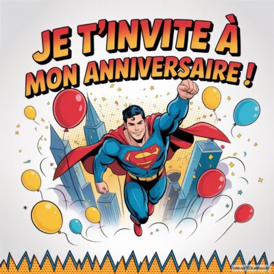 Invitation d'anniversaire pour enfants sur le thème Superman, avec un super-héros volant et des ballons colorés en arrière-plan.