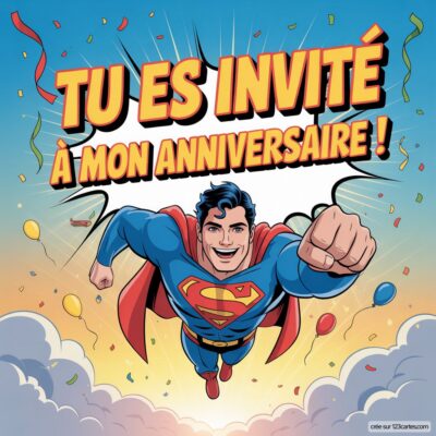 Invitation d'anniversaire pour enfants avec Superman volant au centre, entouré de ballons et de confettis colorés.