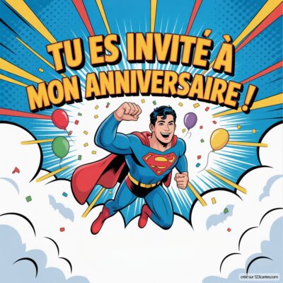 Invitation anniversaire virtuelle pour enfants sur le thème Superman, avec Super-Héros en vol et des ballons colorés.