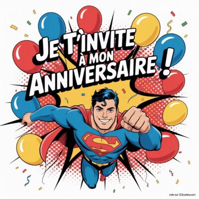 Invitation d'anniversaire virtuelle pour enfants avec Superman, entouré de ballons colorés et le texte « Je t'invite à mon anniversaire ! »