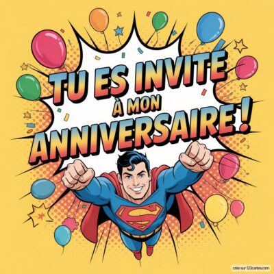 Invitation anniversaire pour enfants avec Superman volant, entouré de ballons colorés et du texte « Tu es invité à mon anniversaire ! ».