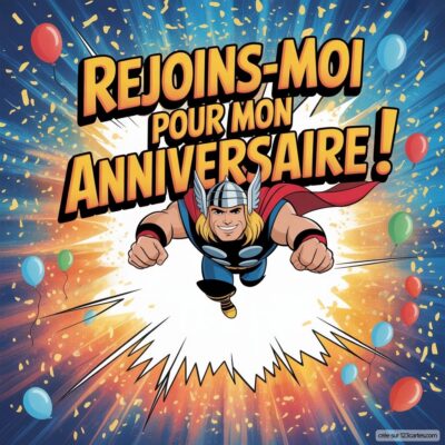 Invitation d'anniversaire virtuelle pour enfants sur le thème Thor, avec Thor en costume lançant un appel à célébrer.