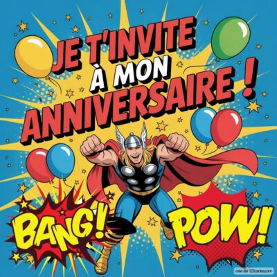 Invitation d'anniversaire virtuelle pour enfants sur le thème de Thor, avec des ballons colorés et des éclats visuels.