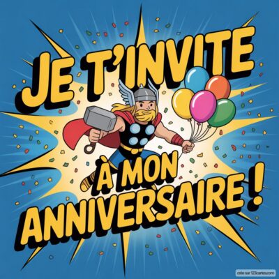 Invitation anniversaire virtuelle pour enfants, avec Thor tenant des ballons colorés sur fond bleu festif.