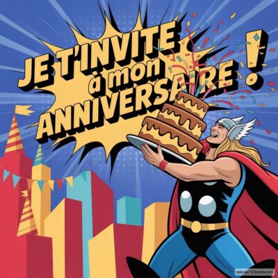 Invitation d'anniversaire virtuelle pour enfants sur le thème de Thor, avec un super-héros portant un gâteau et des décorations festives.