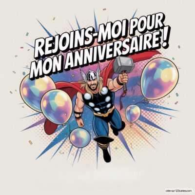 Invitation d'anniversaire virtuelle pour enfants avec Thor, tenant son marteau, entouré de ballons colorés et de confettis.