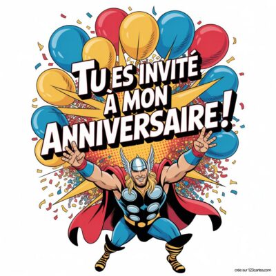 Image d'invitation d'anniversaire pour enfants avec Thor, des ballons colorés et des confettis. Texte informant de l'invitation.
