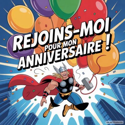 Invitation anniversaire virtuelle pour enfants sur le thème de Thor, avec des ballons colorés et un fond urbain.