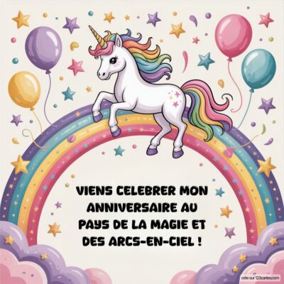Invitation d'anniversaire avec une licorne au-dessus d'un arc-en-ciel, des étoiles et des ballons, invitant à célébrer la magie.