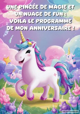 Invitation d'anniversaire illustrée d'une licorne joyeuse, entourée de nuages et d'étoiles pastel, avec texte festif.