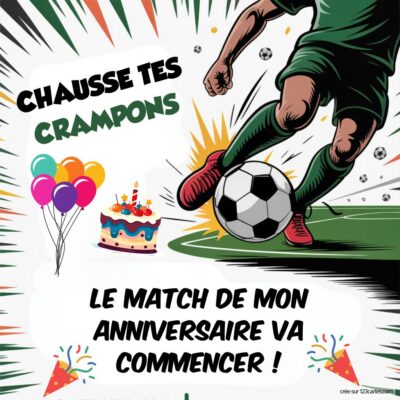 Invitation à un anniversaire de football avec un joueur tirant un ballon, des ballons, un gâteau et des confettis.
