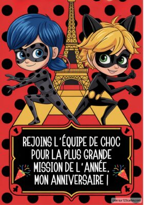 Invitation d'anniversaire miraculous, Tour Eiffel en arrière-plan. Texte : Rejoins l'équipe de choc pour mon anniversaire !