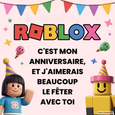 Invitation à un anniversaire sur le thème Roblox, avec des personnages amusants et des décorations festives.