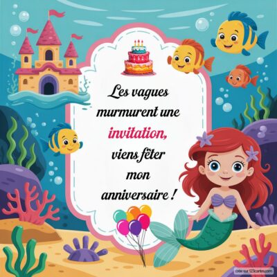 Invitation d'anniversaire sous l'eau, avec une sirène, des poissons et un château de sable.